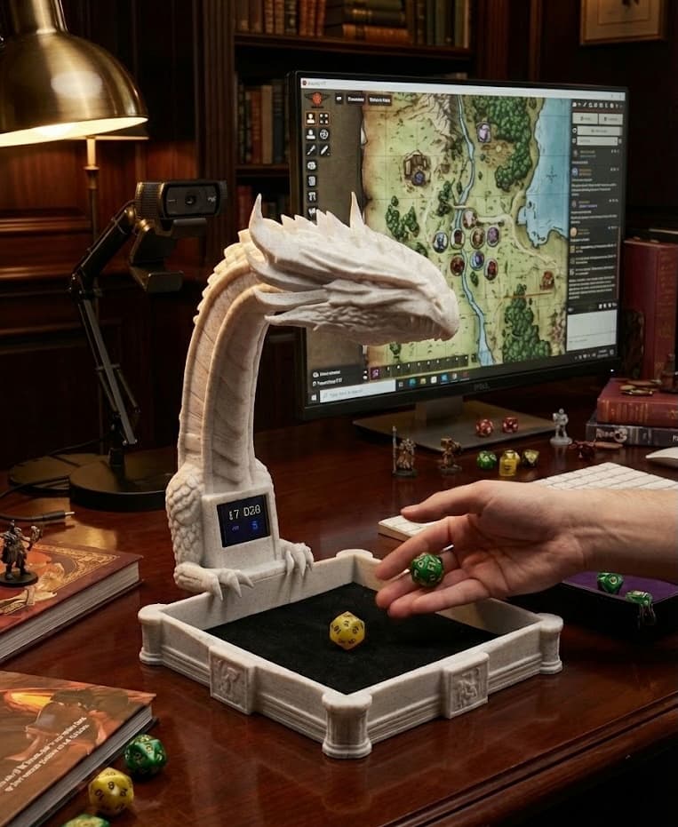 Rollsight dice tray camera in use - showing dragon rig with dice rolling on gaming desk